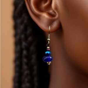 Handcrafted Glass Lampwork Sapphire
 Blue Glass and Plum Wooden Bead Earrings